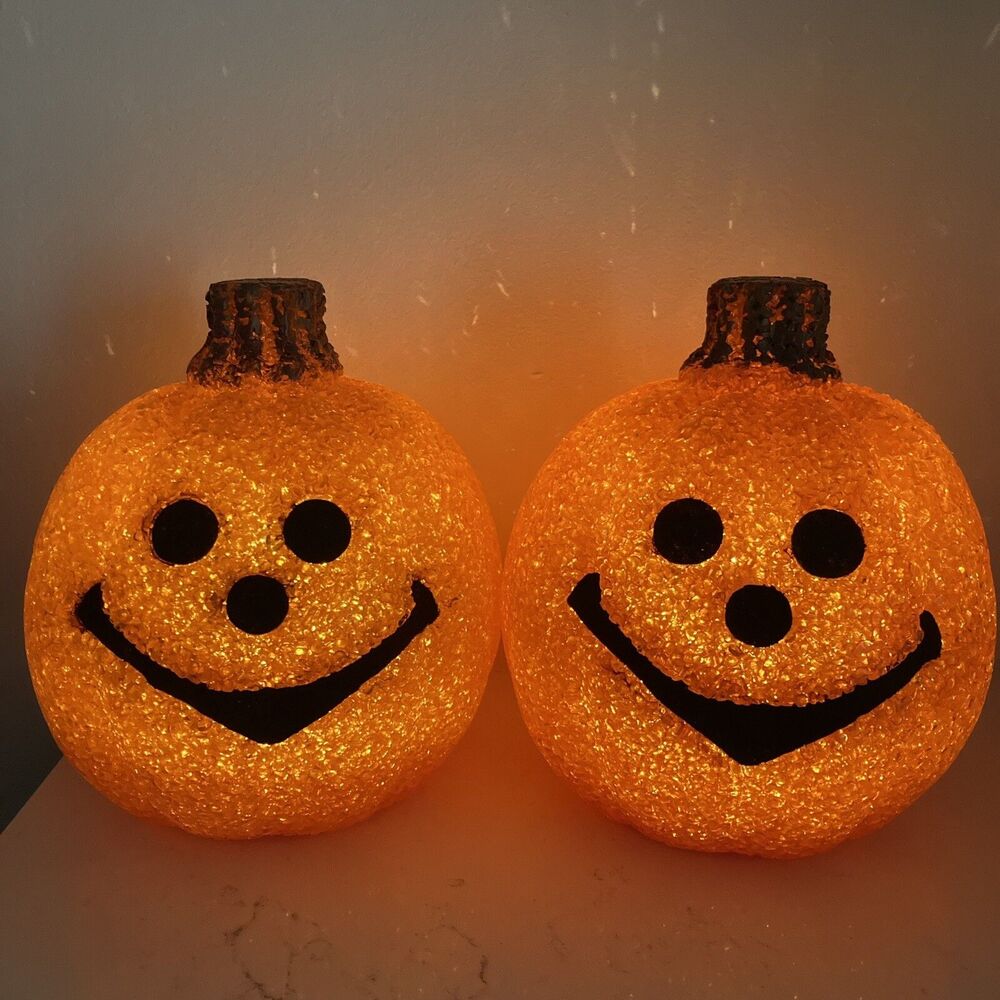 Set Of 2 Melted Plastic Popcorn Pumpkins Halloween SEASONS Brand JACK-O-LANTERNS